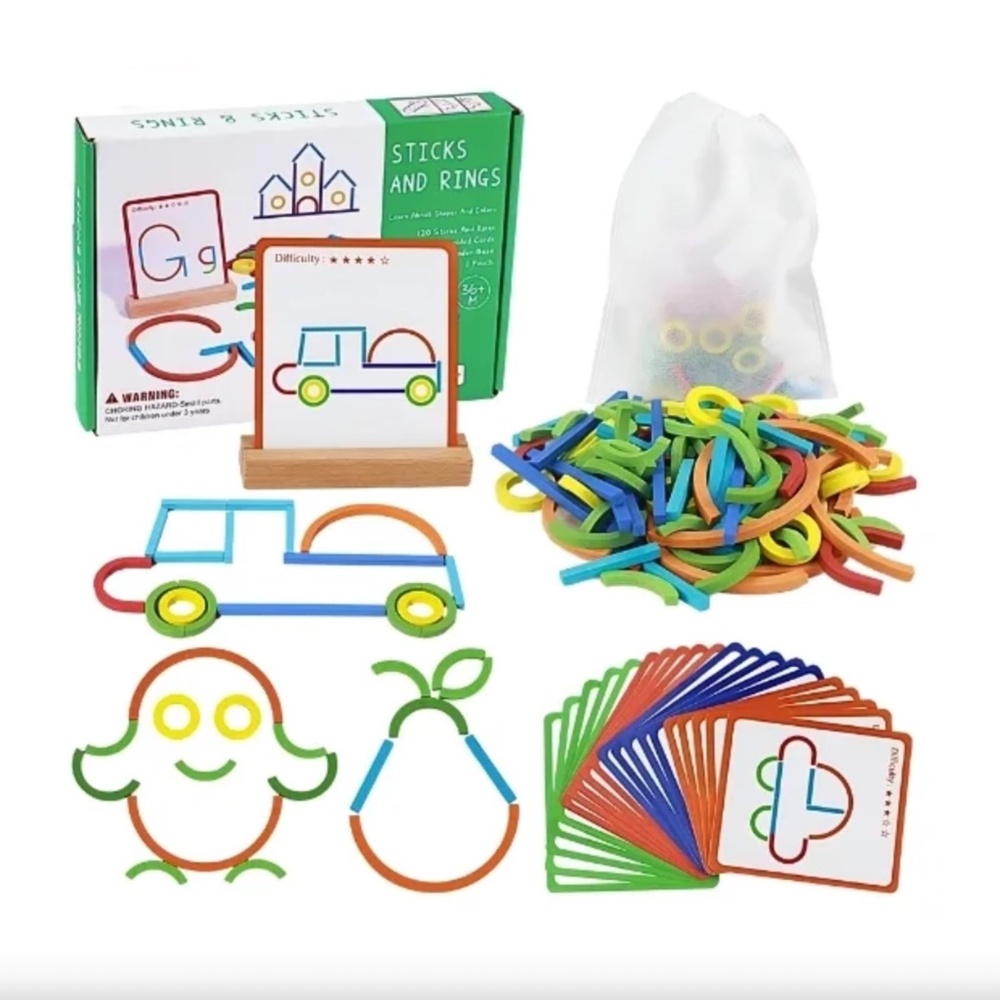 NWT Sticks and Rings Wooden Shapes Colors Educational Toy Set - Picture 2 of 16